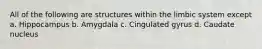 All of the following are structures within the limbic system except a. Hippocampus b. Amygdala c. Cingulated gyrus d. Caudate nucleus