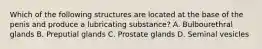 Which of the following structures are located at the base of the penis and produce a lubricating substance? A. Bulbourethral glands B. Preputial glands C. Prostate glands D. Seminal vesicles