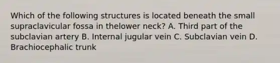 Which of the following structures is located beneath the small supraclavicular fossa in thelower neck? A. Third part of the subclavian artery B. Internal jugular vein C. Subclavian vein D. Brachiocephalic trunk