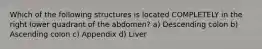 Which of the following structures is located COMPLETELY in the right lower quadrant of the abdomen? a) Descending colon b) Ascending colon c) Appendix d) Liver