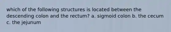 which of the following structures is located between the descending colon and the rectum? a. sigmoid colon b. the cecum c. the jejunum