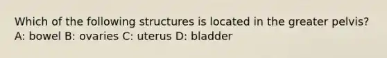 Which of the following structures is located in the greater pelvis? A: bowel B: ovaries C: uterus D: bladder