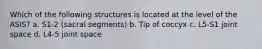 Which of the following structures is located at the level of the ASIS? a. S1-2 (sacral segments) b. Tip of coccyx c. L5-S1 joint space d. L4-5 joint space