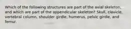 Which of the following structures are part of the axial skeleton, and which are part of the appendicular skeleton? Skull, clavicle, vertebral column, shoulder girdle, humerus, pelvic girdle, and femur.