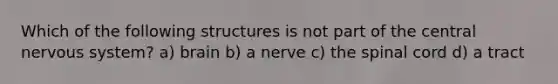 Which of the following structures is not part of the central nervous system? a) brain b) a nerve c) the spinal cord d) a tract