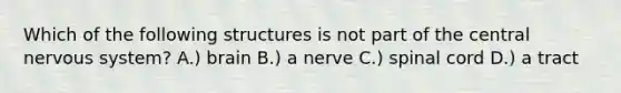 Which of the following structures is not part of the central nervous system? A.) brain B.) a nerve C.) spinal cord D.) a tract