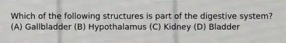 Which of the following structures is part of the digestive​ system? (A) Gallbladder (B) Hypothalamus (C) Kidney (D) Bladder