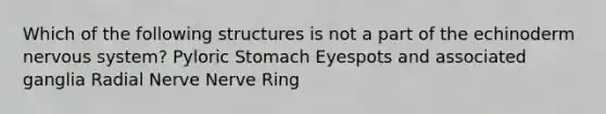 Which of the following structures is not a part of the echinoderm <a href='https://www.questionai.com/knowledge/kThdVqrsqy-nervous-system' class='anchor-knowledge'>nervous system</a>? Pyloric Stomach Eyespots and associated ganglia Radial Nerve Nerve Ring