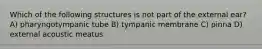 Which of the following structures is not part of the external ear? A) pharyngotympanic tube B) tympanic membrane C) pinna D) external acoustic meatus