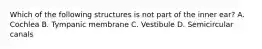 Which of the following structures is not part of the inner ear? A. Cochlea B. Tympanic membrane C. Vestibule D. Semicircular canals