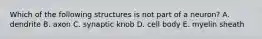 Which of the following structures is not part of a neuron? A. dendrite B. axon C. synaptic knob D. cell body E. myelin sheath