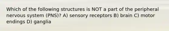 Which of the following structures is NOT a part of the peripheral nervous system (PNS)? A) sensory receptors B) brain C) motor endings D) ganglia