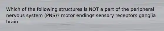 Which of the following structures is NOT a part of the peripheral nervous system (PNS)? motor endings sensory receptors ganglia brain