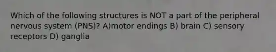 Which of the following structures is NOT a part of the peripheral nervous system (PNS)? A)motor endings B) brain C) sensory receptors D) ganglia