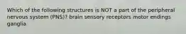 Which of the following structures is NOT a part of the peripheral nervous system (PNS)? brain sensory receptors motor endings ganglia