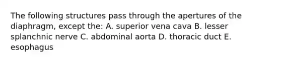 The following structures pass through the apertures of the diaphragm, except the: A. superior vena cava B. lesser splanchnic nerve C. abdominal aorta D. thoracic duct E. esophagus