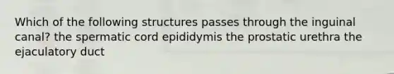 Which of the following structures passes through the inguinal canal? the spermatic cord epididymis the prostatic urethra the ejaculatory duct