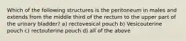 Which of the following structures is the peritoneum in males and extends from the middle third of the rectum to the upper part of the urinary bladder? a) rectovesical pouch b) Vesicouterine pouch c) rectouterine pouch d) all of the above