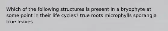 Which of the following structures is present in a bryophyte at some point in their life cycles? true roots microphylls sporangia true leaves