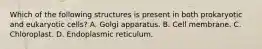 Which of the following structures is present in both prokaryotic and eukaryotic cells? A. Golgi apparatus. B. Cell membrane. C. Chloroplast. D. Endoplasmic reticulum.