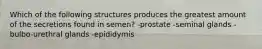 Which of the following structures produces the greatest amount of the secretions found in semen? -prostate -seminal glands -bulbo-urethral glands -epididymis