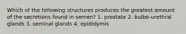 Which of the following structures produces the greatest amount of the secretions found in semen? 1. prostate 2. bulbo-urethral glands 3. seminal glands 4. epididymis