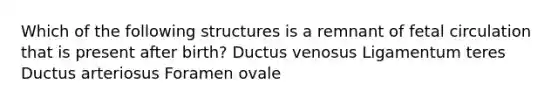 Which of the following structures is a remnant of fetal circulation that is present after birth? Ductus venosus Ligamentum teres Ductus arteriosus Foramen ovale