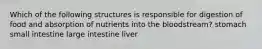 Which of the following structures is responsible for digestion of food and absorption of nutrients into the bloodstream? stomach small intestine large intestine liver