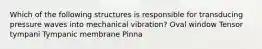 Which of the following structures is responsible for transducing pressure waves into mechanical vibration? Oval window Tensor tympani Tympanic membrane Pinna