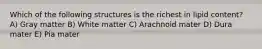 Which of the following structures is the richest in lipid content? A) Gray matter B) White matter C) Arachnoid mater D) Dura mater E) Pia mater