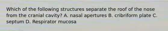 Which of the following structures separate the roof of the nose from the cranial cavity? A. nasal apertures B. cribriform plate C. septum D. Respirator mucosa