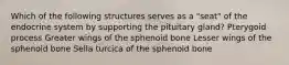 Which of the following structures serves as a "seat" of the endocrine system by supporting the pituitary gland? Pterygoid process Greater wings of the sphenoid bone Lesser wings of the sphenoid bone Sella turcica of the sphenoid bone