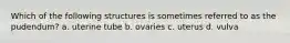 Which of the following structures is sometimes referred to as the pudendum? a. uterine tube b. ovaries c. uterus d. vulva