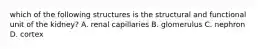 which of the following structures is the structural and functional unit of the kidney? A. renal capillaries B. glomerulus C. nephron D. cortex