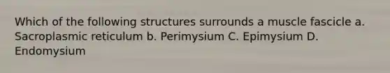 Which of the following structures surrounds a muscle fascicle a. Sacroplasmic reticulum b. Perimysium C. Epimysium D. Endomysium