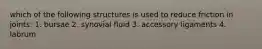 which of the following structures is used to reduce friction in joints: 1. bursae 2. synovial fluid 3. accessory ligaments 4. labrum