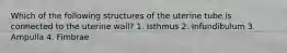 Which of the following structures of the uterine tube is connected to the uterine wall? 1. Isthmus 2. Infundibulum 3. Ampulla 4. Fimbrae