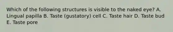 Which of the following structures is visible to the naked eye? A. Lingual papilla B. Taste (gustatory) cell C. Taste hair D. Taste bud E. Taste pore