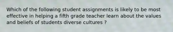 Which of the following student assignments is likely to be most effective in helping a fifth grade teacher learn about the values and beliefs of students diverse cultures ?