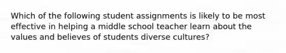 Which of the following student assignments is likely to be most effective in helping a middle school teacher learn about the values and believes of students diverse cultures?