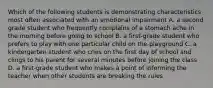 Which of the following students is demonstrating characteristics most often associated with an emotional impairment A. a second grade student who frequently complains of a stomach ache in the morning before going to school B. a first-grade student who prefers to play with one particular child on the playground C. a kindergarten student who cries on the first day of school and clings to his parent for several minutes before joining the class D. a first-grade student who makes a point of informing the teacher when other students are breaking the rules