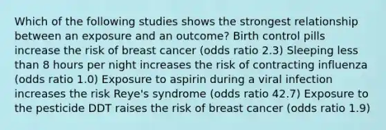 Which of the following studies shows the strongest relationship between an exposure and an outcome? Birth control pills increase the risk of breast cancer (odds ratio 2.3) Sleeping less than 8 hours per night increases the risk of contracting influenza (odds ratio 1.0) Exposure to aspirin during a viral infection increases the risk Reye's syndrome (odds ratio 42.7) Exposure to the pesticide DDT raises the risk of breast cancer (odds ratio 1.9)