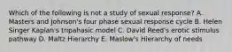 Which of the following is not a study of sexual response? A. Masters and Johnson's four phase sexual response cycle B. Helen Singer Kaplan's tripahasic model C. David Reed's erotic stimulus pathway D. Maltz Hierarchy E. Maslow's Hierarchy of needs