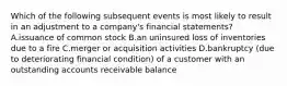 Which of the following subsequent events is most likely to result in an adjustment to a​ company's financial​ statements? A.issuance of common stock B.an uninsured loss of inventories due to a fire C.merger or acquisition activities D.bankruptcy​ (due to deteriorating financial​ condition) of a customer with an outstanding accounts receivable balance