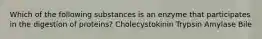 Which of the following substances is an enzyme that participates in the digestion of proteins? Cholecystokinin Trypsin Amylase Bile