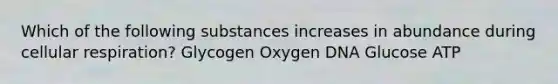 Which of the following substances increases in abundance during cellular respiration? Glycogen Oxygen DNA Glucose ATP