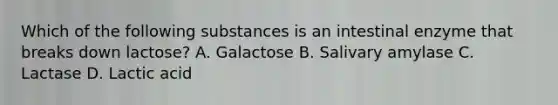 Which of the following substances is an intestinal enzyme that breaks down lactose? A. Galactose B. Salivary amylase C. Lactase D. Lactic acid