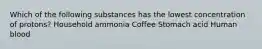 Which of the following substances has the lowest concentration of protons? Household ammonia Coffee Stomach acid Human blood