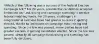 *Which of the following was a success of the Federal Election Campaign Act?* For 20 years, presidential candidates accepted limitations on fund-raising and campaign spending to receive federal matching funds. For 20 years, challengers in congressional elections have had greater success in getting elected, thanks to limitations on campaign fund-raising and spending. Since the law was passed, minor parties have had greater success in getting candidates elected. Since the law was passed, virtually all campaign fund-raising and spending has been fully disclosed.