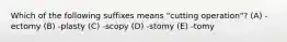 Which of the following suffixes means "cutting operation"? (A) -ectomy (B) -plasty (C) -scopy (D) -stomy (E) -tomy